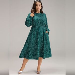 Bloomchic Women's Blue Green Polka Dot Mock Neck Ruffle Pocket Dress 12 Large